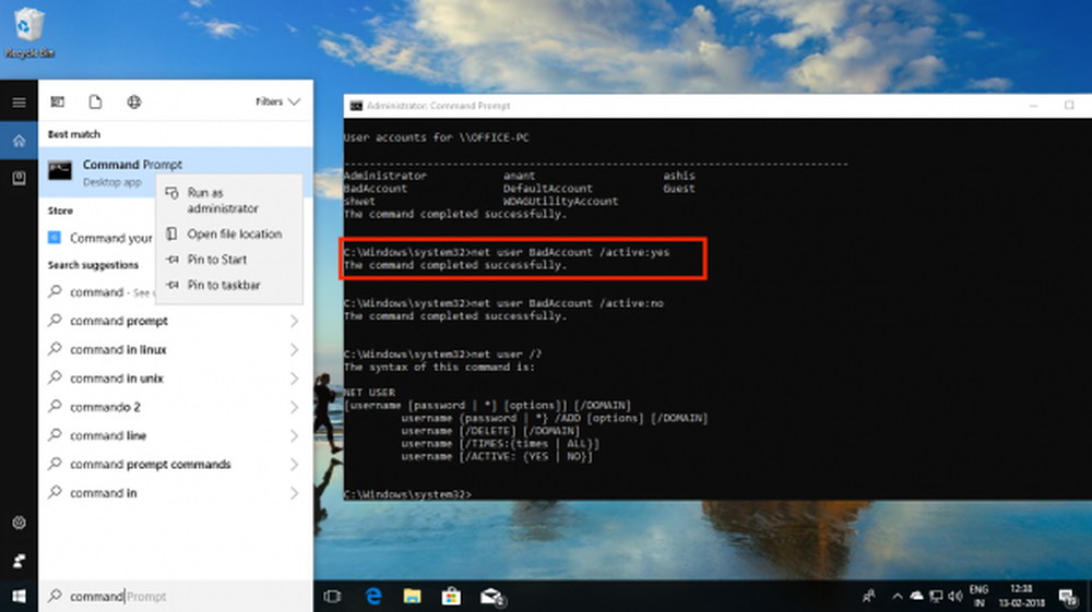 Command line Windows 10. Net user администратор /Active:Yes the syntax of this Command is. Option Command on Windows. On Command.