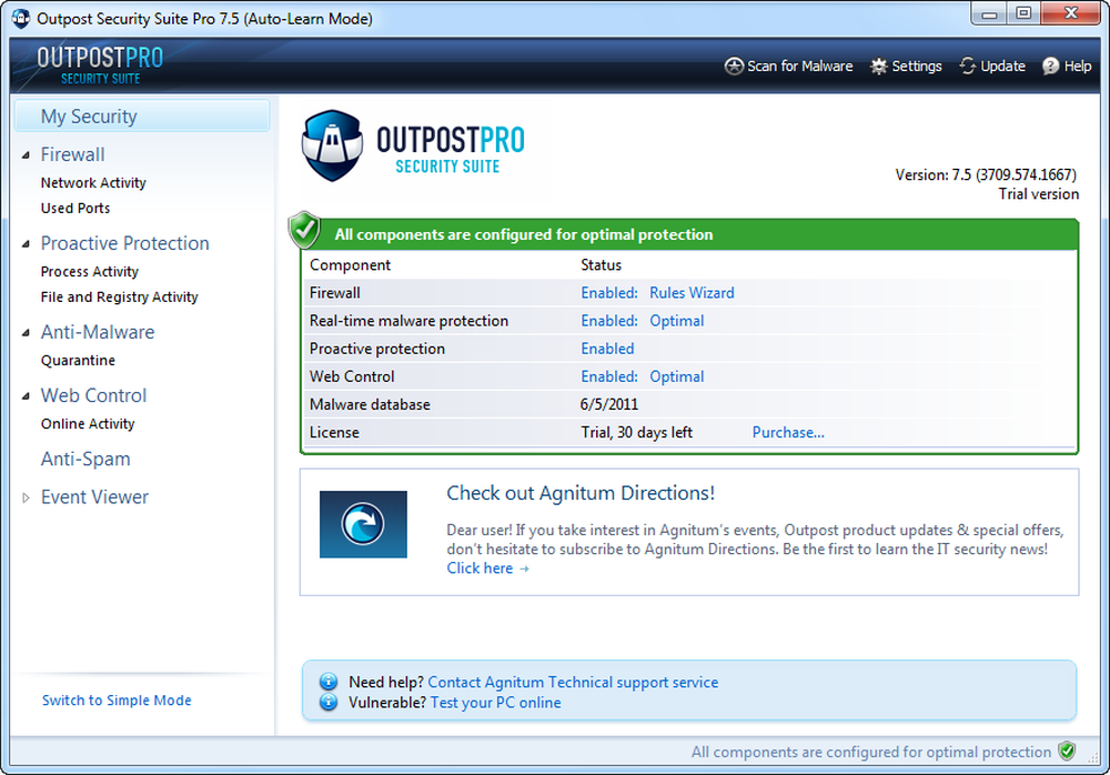 Outpost Firewall Pro 7.1. Agnitum Outpost Firewall Pro. Outpost Antivirus Pro. Outpost Security Suite. Protection enabled